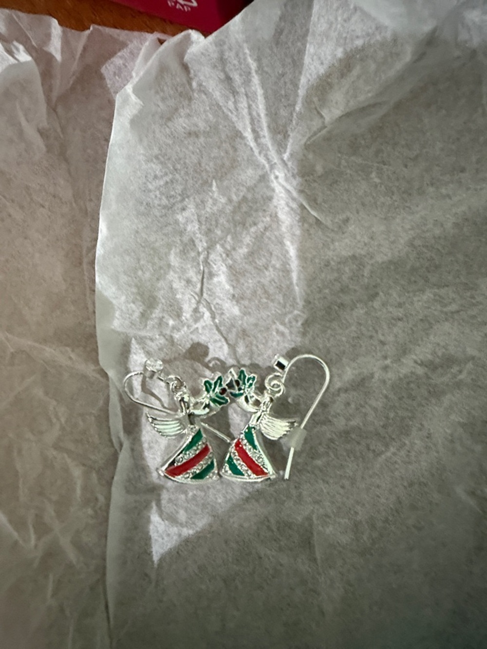 Studio festive Christmas Silver Tone Angel Earrings with Red and Green with box
